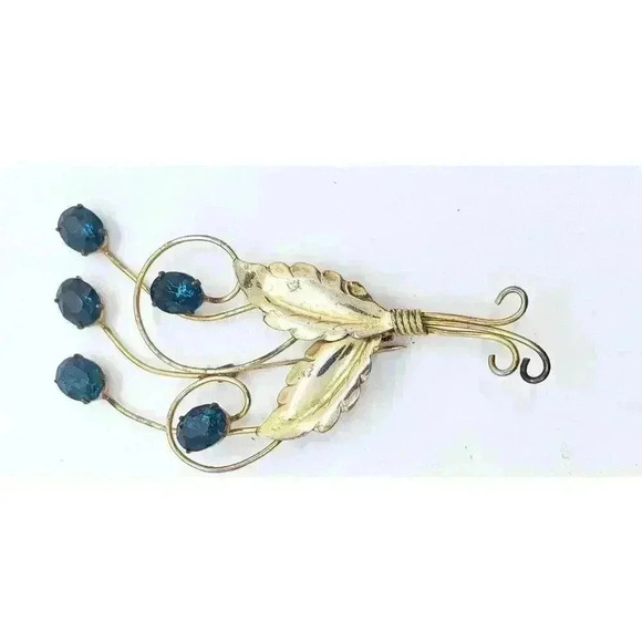 Vtg Brooch 12k Gold plate 925 Sterling Silver Blue Rhinestone Flower - Picture 2 of 9